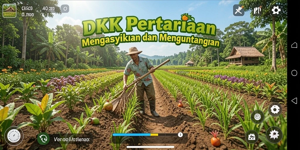 Screenshot gameplay DKK menunjukkan ladang hijau yang subur dan aktivitas memanen.