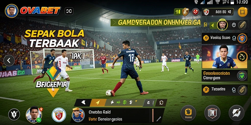 Screenshot gameplay OVABET menyajikan aksi pertandingan sepak bola yang intens.