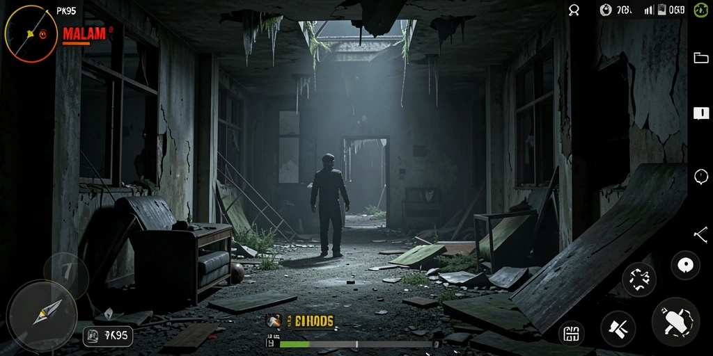 Screenshot PK95 menampilkan momen menegangkan saat menghadapi teror di gedung tua.