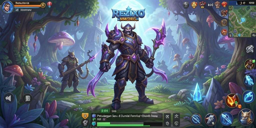 Screenshot gameplay REZIXO menampilkan karakter bertarung melawan monster di dunia fantasi.