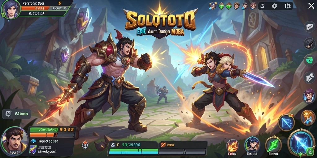 Screenshot gameplay <strong>SOLOTOTO</strong> menampilkan pertempuran seru di arena MOBA.