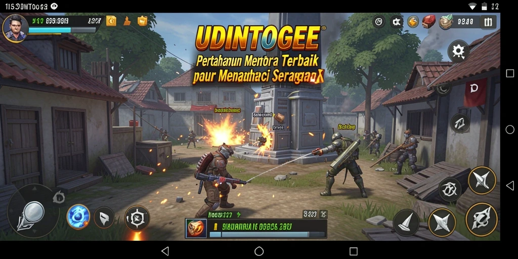 Screenshot utama <strong>UDINTOGEL</strong> menampilkan aksi pertahanan menara yang mendebarkan.